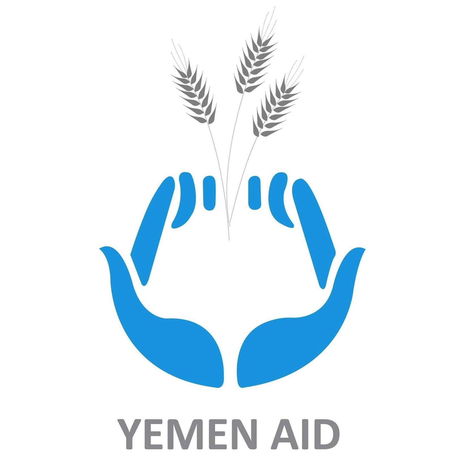Two blue hands holding wheat, Yemen Aid Logo