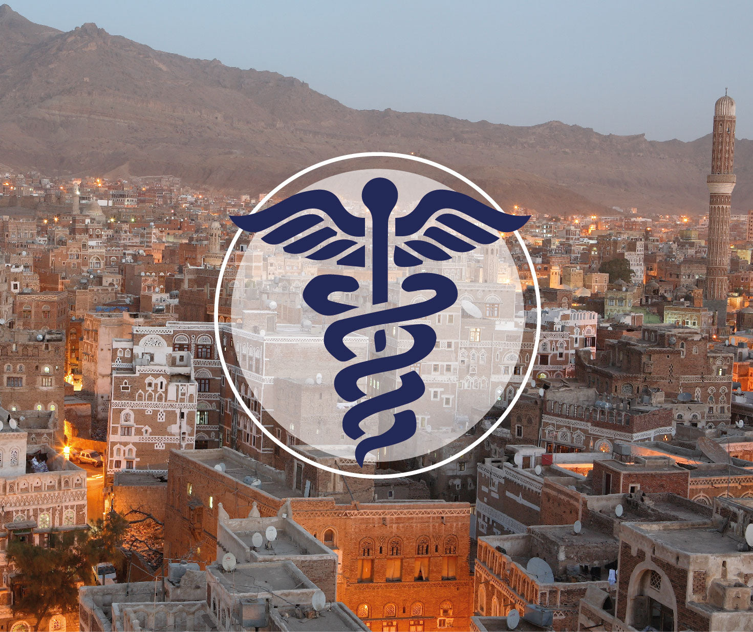 Image of a city in Yemen with the medical symbol overlapping in a circle.